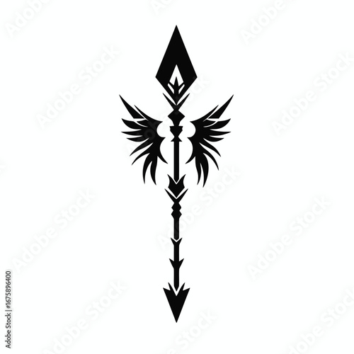 Majestic winged spear design with an elegant, minimalist illustration silhouette