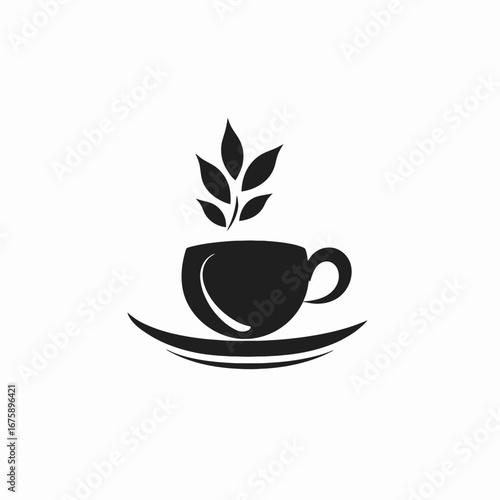 Black herbal tea cup with leaves, health or nature silhouette