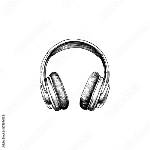 A detailed sketch of over ear headphones showcasing the intricate linework and shading in black and white