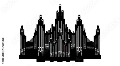 Ornate Black Pipe Organ Silhouette with Multiple Pipes and Intricate Details.