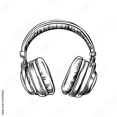 Detailed sketch of over ear headphones with visible headband and plush earcups on a white background