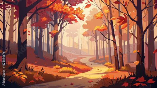 A scenic autumn forest with a winding path bathed in golden sunlight
