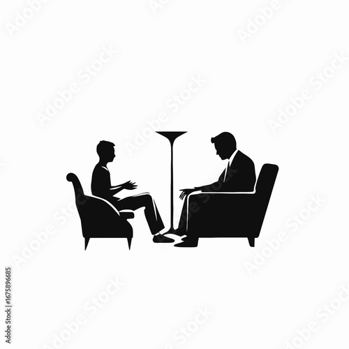 Therapy session illustrating mental health with lamp, chairs silhouette