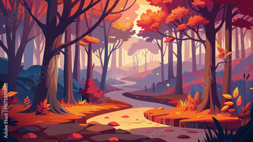 A winding path through a vibrant autumn forest with colorful foliage