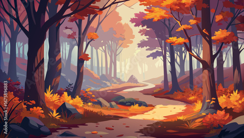 A scenic autumn forest trail with colorful leaves and sunlight filtering through