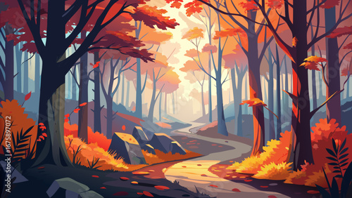 A winding path through an autumn forest with colorful trees and fallen leaves