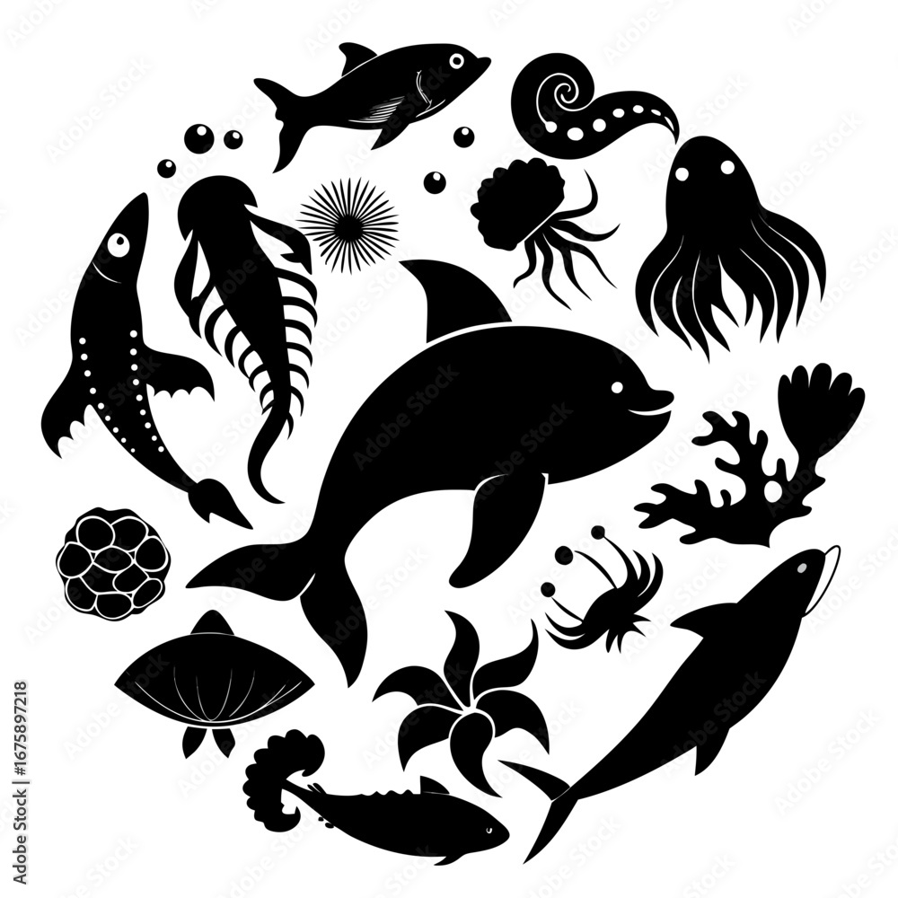 Naklejka premium Minimalist Marine Life Silhouettes Vector Set | Sea Creatures Illustration on White Background