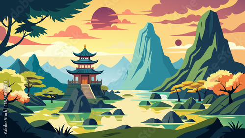 Colorful asian landscape with pagoda, mountains, and lake at sunset scene
