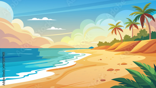 Picturesque tropical beach with palm trees, golden sand, and gentle waves lapping ashore