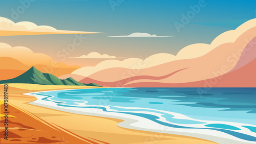 Serene beach landscape with gentle waves, golden sand, and a clear blue sky