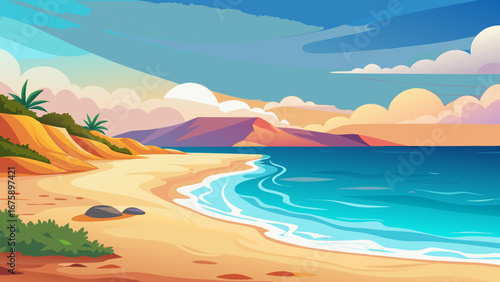 A serene beach landscape featuring a calm sea and a sandy shore