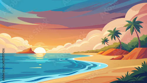 A beautiful sunset over a tropical beach with palm trees and calm waters