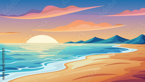 A serene beach landscape with a golden sunset over the tranquil ocean