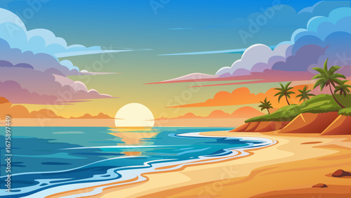 A stunning sunset reflecting on the sea at a tropical beach with palms