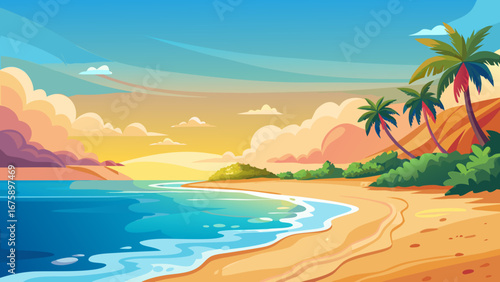 A tropical beach paradise with palm trees and crystal clear turquoise water