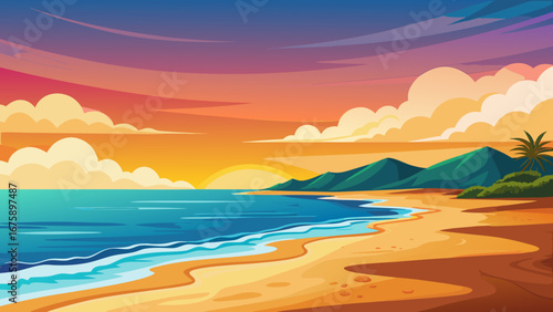 A breathtaking sunset over the ocean with mountains in the distance scenery