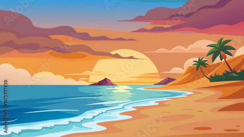 A tranquil beach at sunset with palm trees, islands, and colorful clouds above the sea