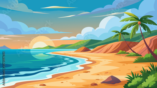 A vibrant beach scene with palm trees and clear blue water at daytime