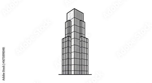 Black and white line art illustration of a tall, tiered Art Deco style skyscraper.