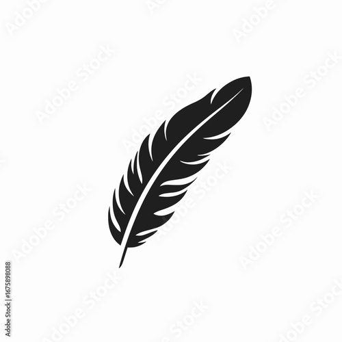 Minimalistic black and white feather illustration on isolated background silhouette