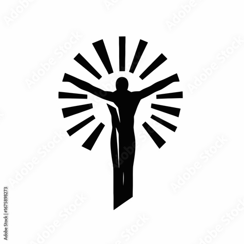 Striking representation with outstretched arms radiating light beams, dark human silhouette