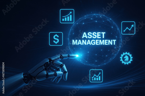 Robotic hand asset management digital interface financial icons technology concept futuristic