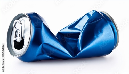 crushed blue aluminum soda can isolated on white background recycling waste concept