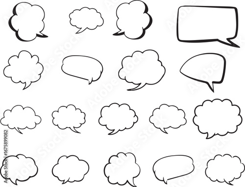 Set of speech bubbles in the form of clouds sky. Comic frame templates for dialogues. Collection of children speech balloons handwriting with wax pen. Black frames in doodle style. Vector illustration