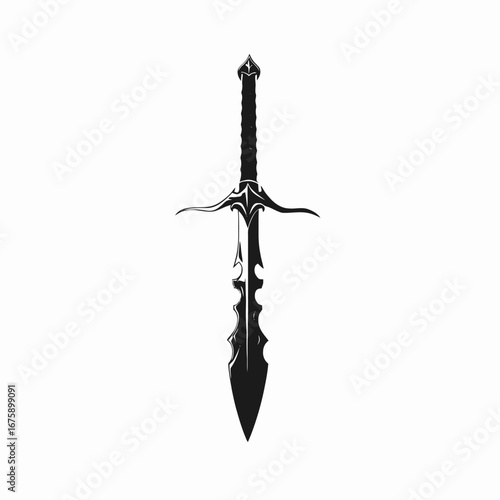 Ornamental sword with elaborate hilt and blade, presented in dramatic silhouette