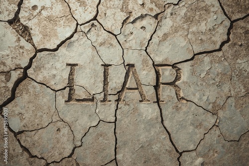 Dry soil crack 'liar' inscription; drought backdrop