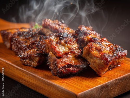 Crispy Grilled Pork Ribs with Smoke on Wooden Board