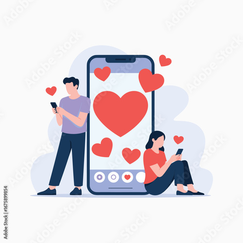 Couple using smartphones with big heart icons on mobile screen, online dating app, digital love communication, social media relationship illustration design,