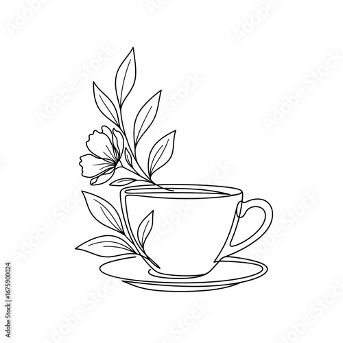 Floral teacup with botanical elements.