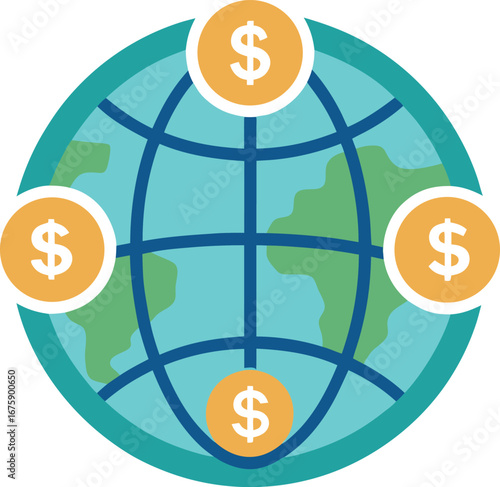 Vector art of global finance concept with dollar signs on a stylized earth globe, representing international currency exchange and economic connections