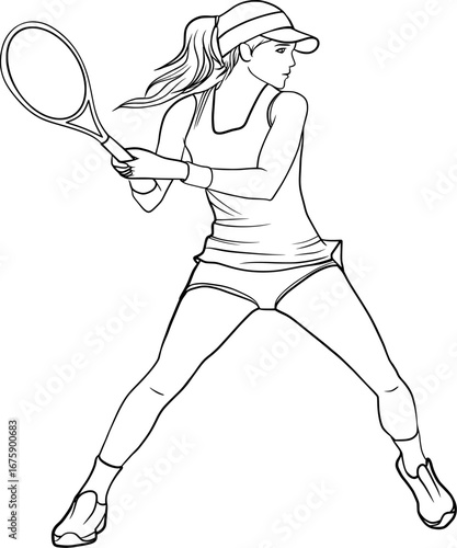 tennis player girl vector outline illustration