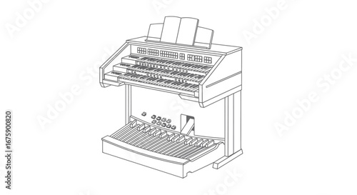 Detailed Line Drawing of a Vintage Electric Organ with Keys and Pedals.