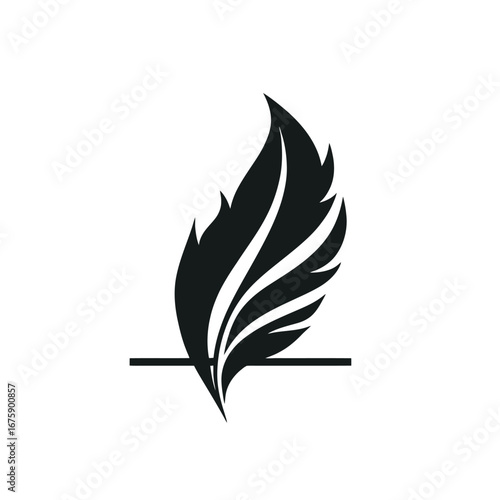Minimalist stylized black leaf symbol stands on a horizontal bar silhouette