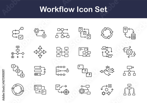 Minimal workflow icon set with business process, flowchart, project management, strategy planning, cycle diagram, and task organization symbols