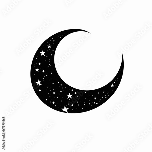 Celestial crescent moon adorned with twinkling stars creates an enchanting silhouette