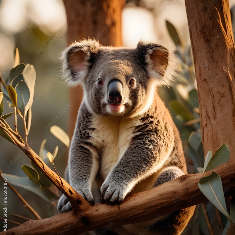 Fototapeta premium Adorable koala clings to eucalyptus branch basking in warm golden hour sunlight