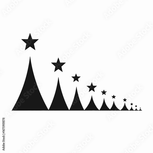 Ascending stars with geometric peaks create a striking monochromatic silhouette.