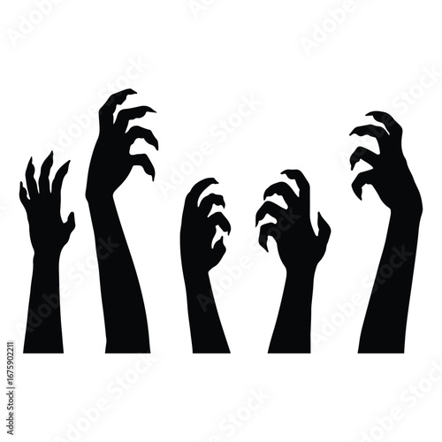 Eerie Zombie Hands Silhouette Reaching Upward from the Ground Creating a Spooky and Horrifying Halloween Night Scene