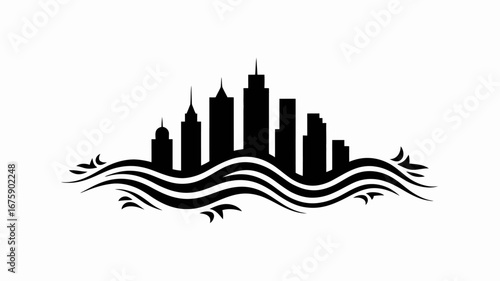 Cityscape Silhouette with Waves Minimalist Design for Urban Concepts