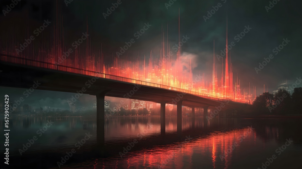 Obraz premium A bridge with lights on it is lit up at night. The lights are scattered across the bridge, creating a beautiful and serene atmosphere. The bridge spans across a body of water