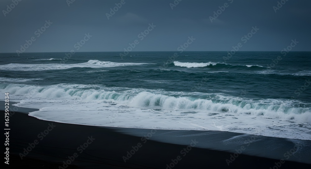 Fototapeta premium Serene coastal view of crashing waves on a dark sandy beach under a moody sky at dusk