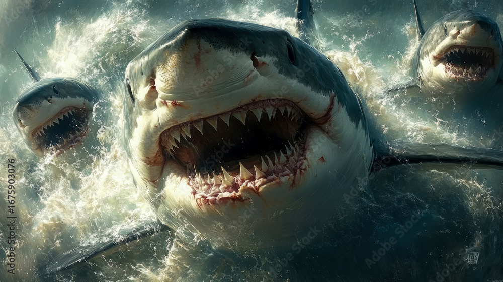 Obraz premium Terrifying trio of great white sharks aggressively bursts from chaotic ocean waves, showcasing their immense power and menacing jaws in thrilling marine encounter