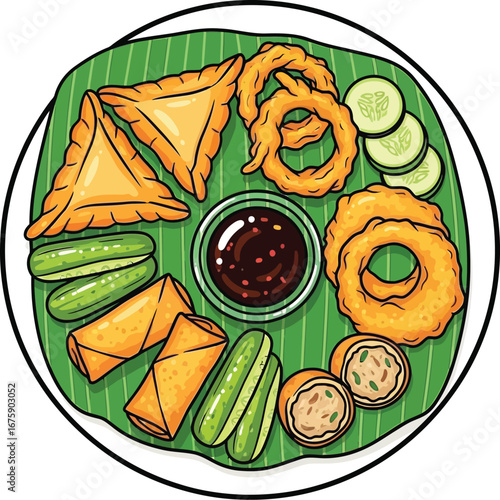 Colorful Fried Snack Platter Illustration with Sauce on Banana Leaf illustration