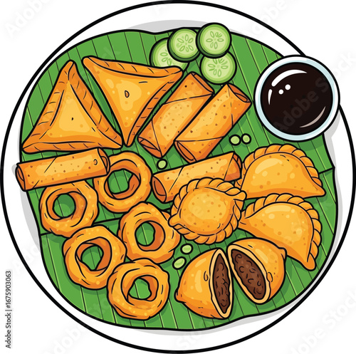 Colorful Fried Snack Platter Illustration with Sauce on Banana Leaf illustration