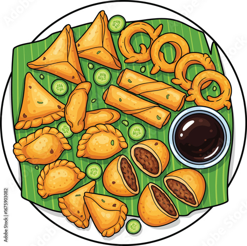 Colorful Fried Snack Platter Illustration with Sauce on Banana Leaf illustration