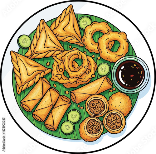 Colorful Fried Snack Platter Illustration with Sauce on Banana Leaf illustration